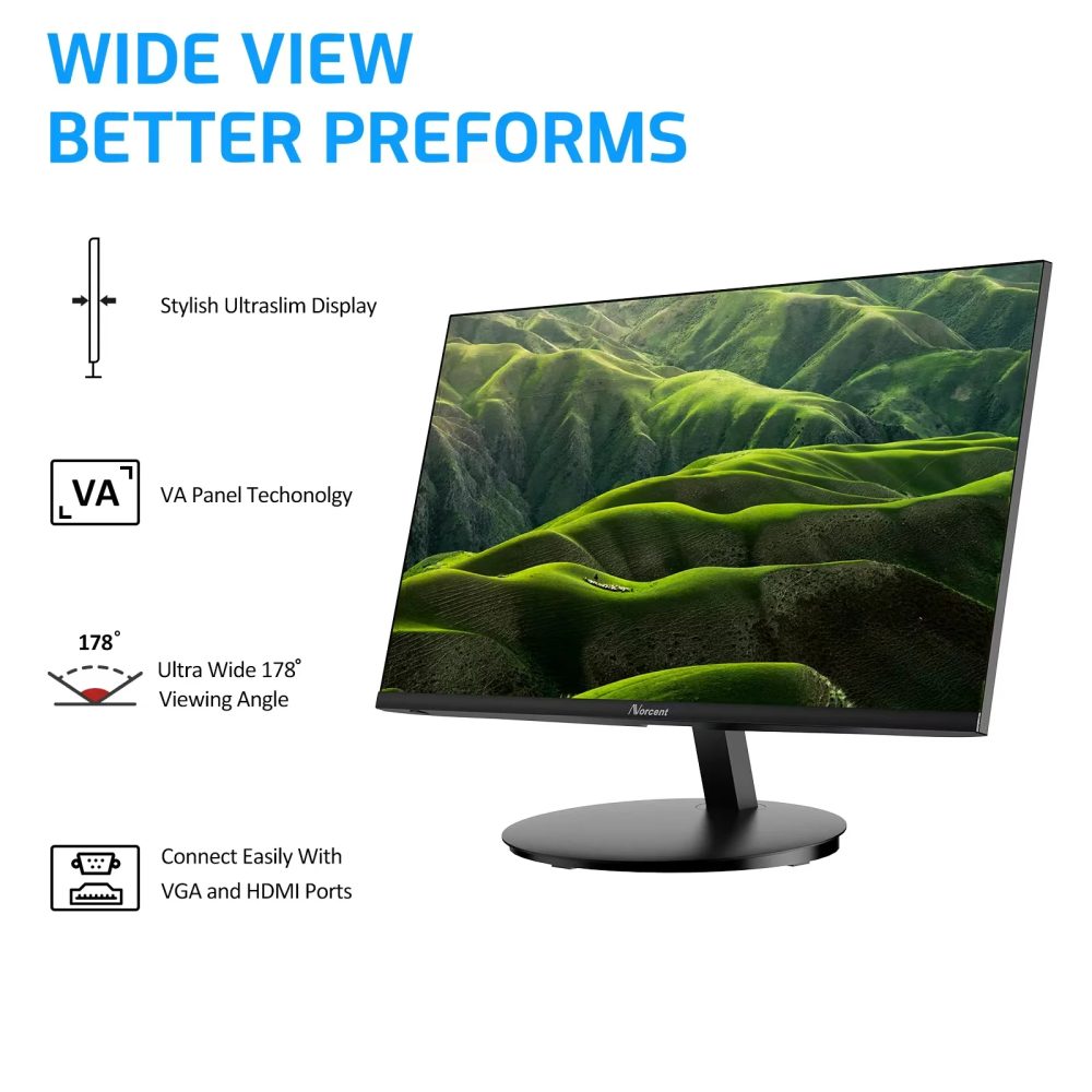 Norcent 22 Inch Monitor with HDMI VGA Port, 1080P 75Hz Full HD VA LED Ultra Thin Bezel Display, Flicker-Free, Blue Light Filter, Built-in Speakers, Tilt Adjustment