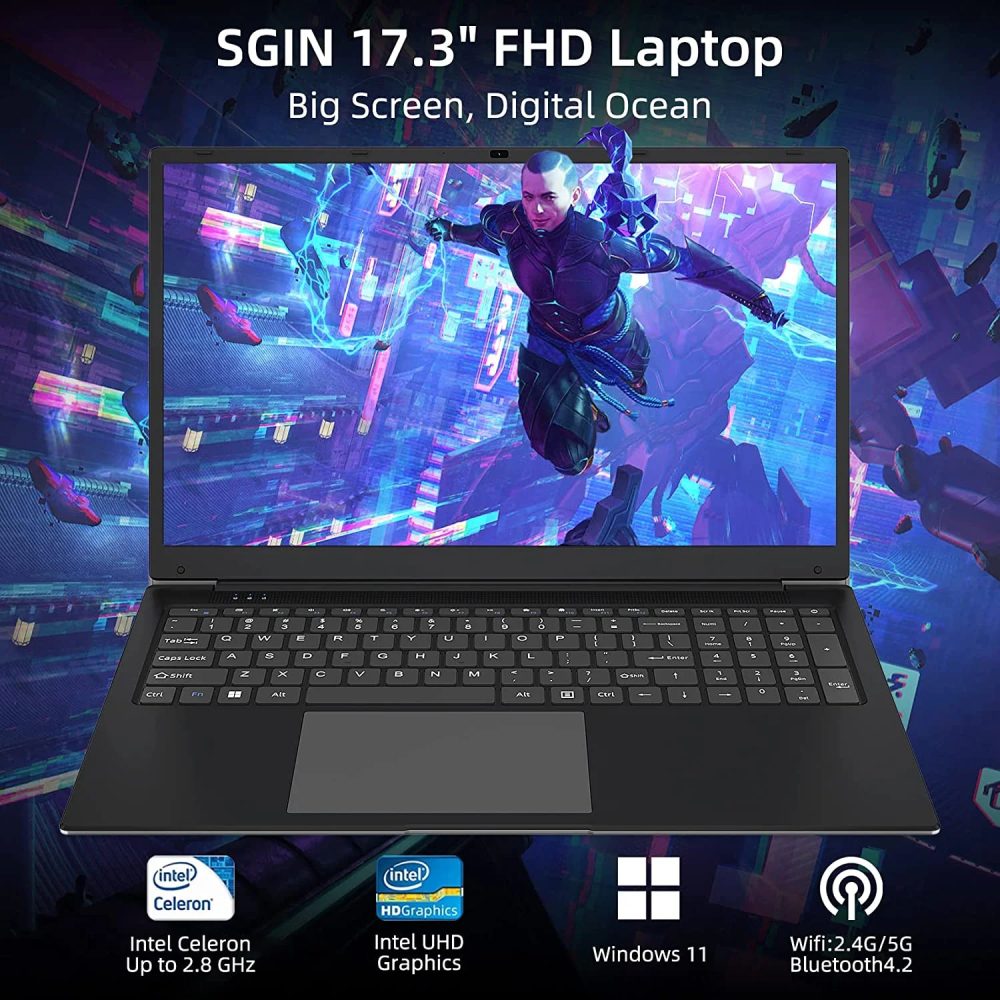 SGIN 17in 8GB DDR4 256GB ROM Windows 11 Laptop IPS 1920 x 1080 FHD 4-Core Intel Celeron, Mini HDMI