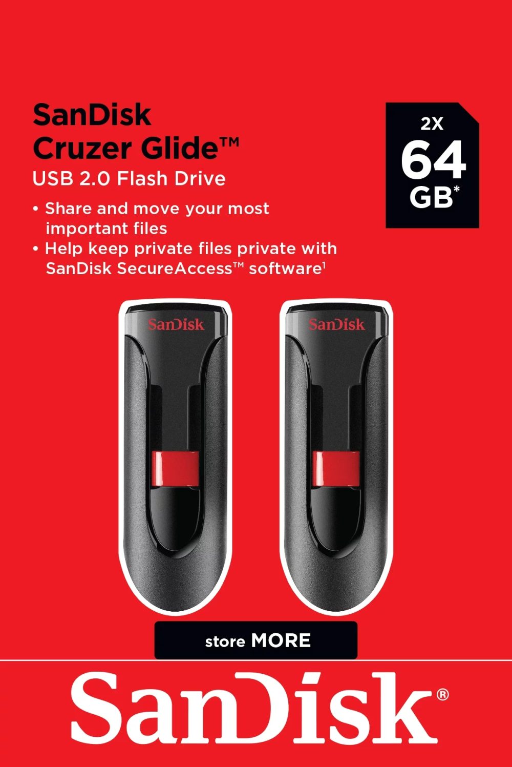 SanDisk 64GB Cruzer Glide USB 2.0 Flash Drive 2 Pack - SDCZ60-064G-AW46TW