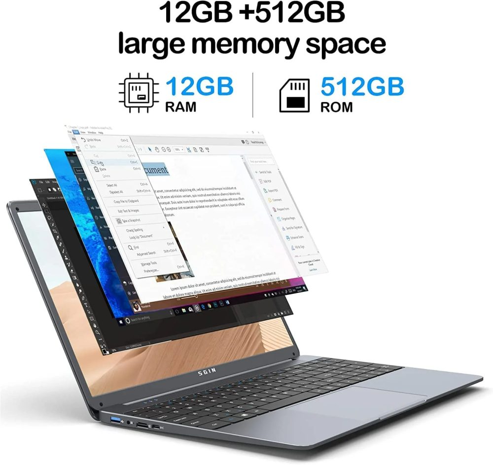 SGIN 15.6inch Laptop 12GB DDR4 512GB SSD Windows 11 with Intel Celeron N5095A Full HD 1920x1080