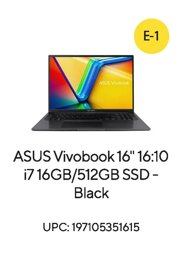 ASUS Vivobook 16” PC Laptop, Intel Core i7-1255U, 16GB, 512GB, Win 11 Home, Black, F1605ZA-WS74