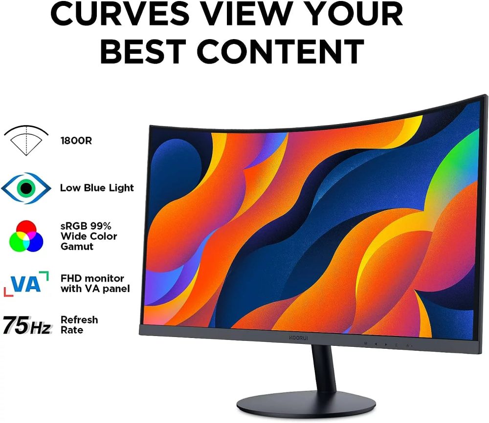 KOORUI 27-inch Curved Computer Monitor- Full HD 1080P 75Hz Gaming Monitor 1800R LED Monitor HDMI VGA, Tilt Adjustment, Eye Care, Black 27N5C