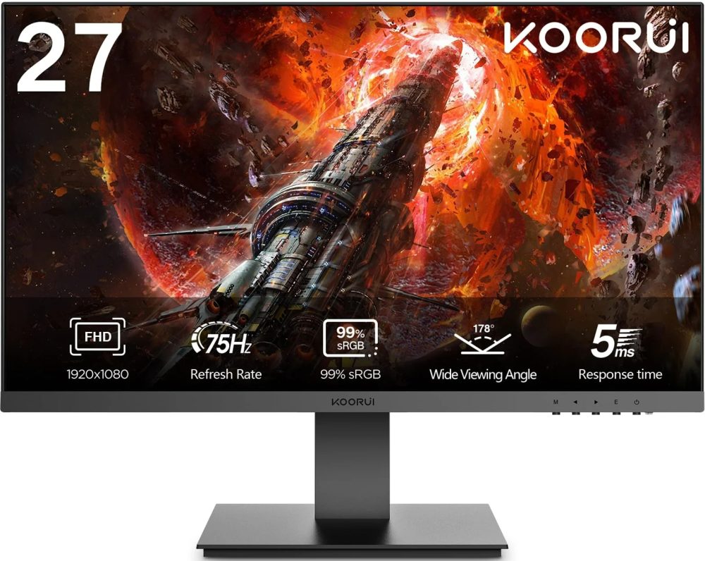 KOORUI 27 inch Computer Monitor,IPS FHD (1920 x 1080) 75Hz 99% sRGB PC Desktop Gaming Monitors for Computer ,HDMI/VGA Port, Visioncare,27N1